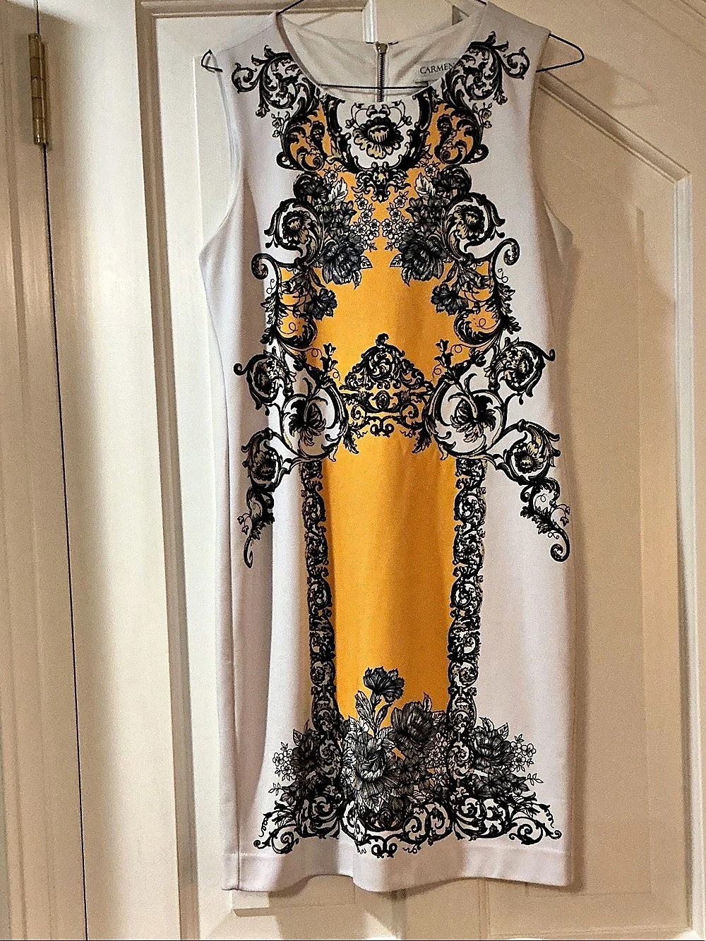 Carmen Marc Valvo Floral Midi Dress in Yellow, White and Black